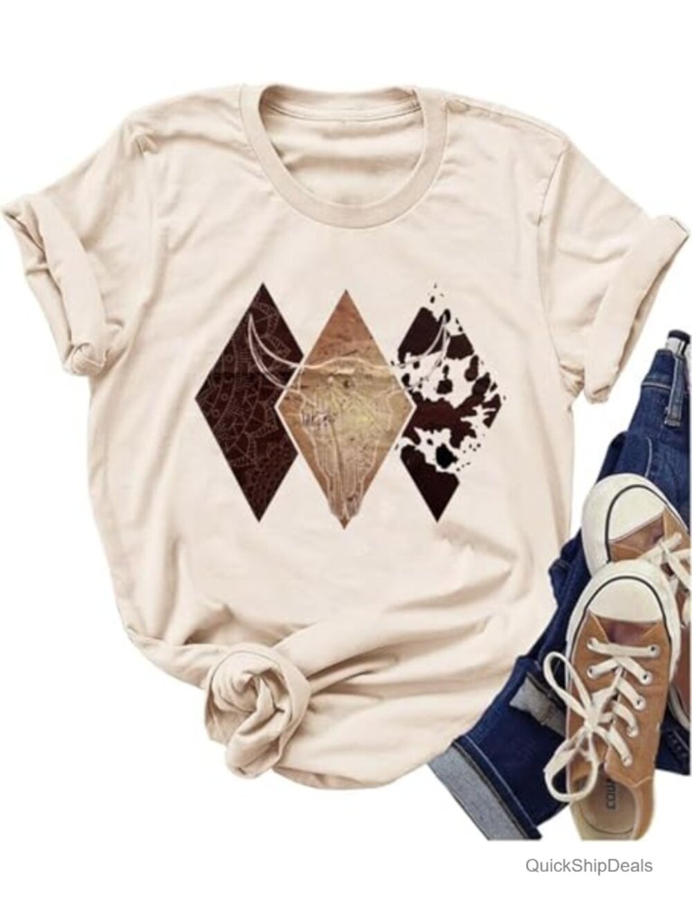 Women's Vintage Western Cowboy Graphic T-Shirt Cow Skull Rodeo Tee